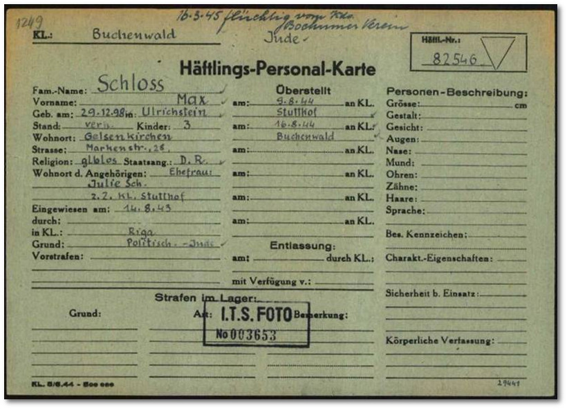 Hftlings-Personal-Karte KL Buchenwald - Max Schloss