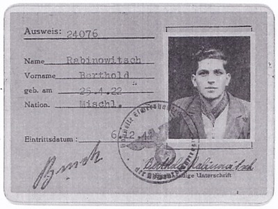 Ausweis der Baufirma Kohlrautz, ausgestellt ausgestellt im Dezember 1944 für Berthold Rabinowitsch