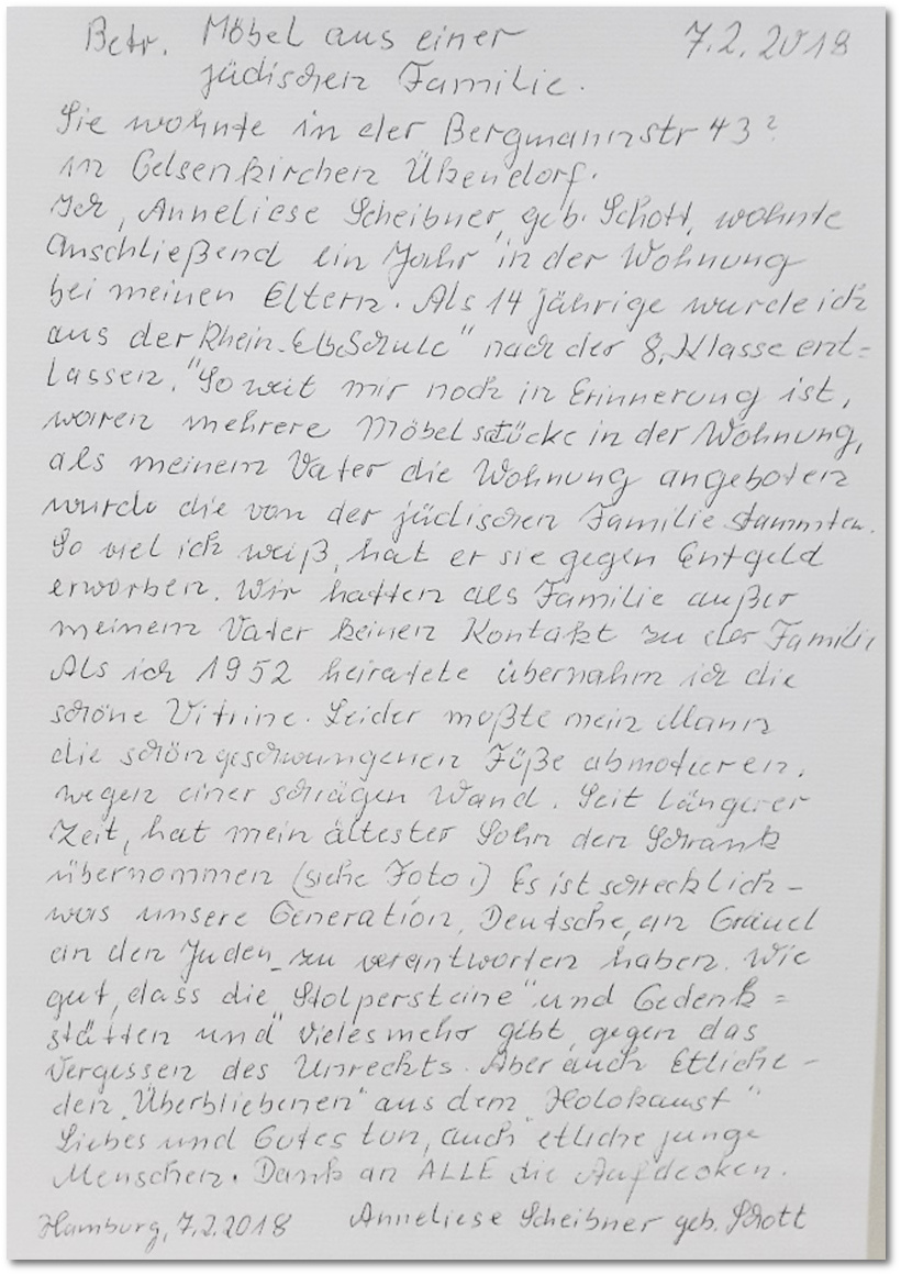 Aus dem Brief, den Anneliese Scheibner, geb. Schott (92) an uns schrieb: 'Es ist schrecklich, was unsere Generation Deutsche an Gruel an den Juden zu verantworten haben. Wie gut, das die Stolpersteine und Gedenksttten und vieles mehr gibt, gegen das Vergessen des Unrechts.'