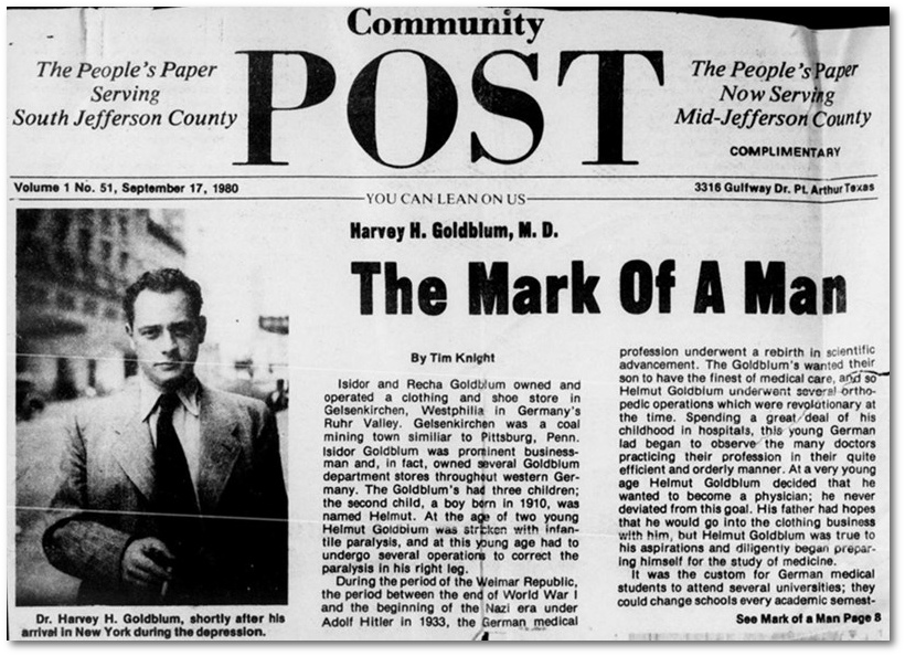 Zeitungsartikel über Harvey Goldblum, 17. September 1980 in der Community Post, Port Arthur, Texas