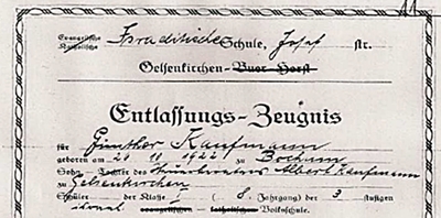 Abb. 3: Entlassungszeugnis  der Israelitischen Schule Josefstrasse in Gelsenkirchen für Günther Kaufmann vom 24. März 1937. Zum Vergrößern anklicken.