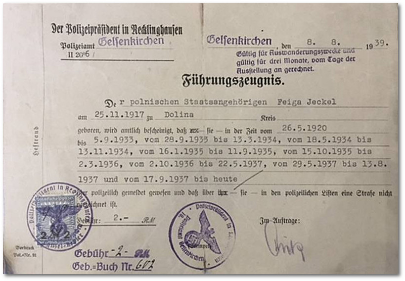 Police clearance certificate valid for the purpose of emigration, issued to Feiga Jeckel on 8 August 1939 in Gelsenkirchen