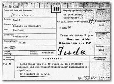 Karteikarte der Gestapo Mnster, David Nussbaum. Kopie aus ITS, Bad Arolsen