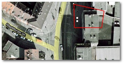 Hier stand das Haus Bismarckstrsse 158, die rote Linie markiert die genaue Lage nach alten Plnen.
