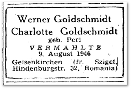 Heiratsanzeige von Werner Goldschmidt und Charlotte Perl im 'Aufbau' vom 30. August 1946