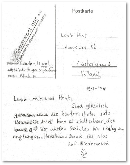 Postkarte von Israel Häusler aus dem 'Aufenthaltslager'- eine SS-Tarnbezeichnung - KZ Bergen-Belsen. Die KZ-Gefangen wurden gezwungen, Texte dieser Art zu verfassen, um die tatsächlichen Zustände im KZ zu verschleiern.