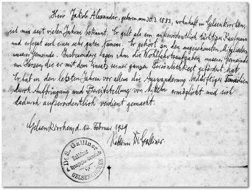 Empfehlungsschreiben fr Jakob Alexander, ausgestellt von Dr. Siegfried Galliner am 12. Februar 1939 in Gelsenkirchen