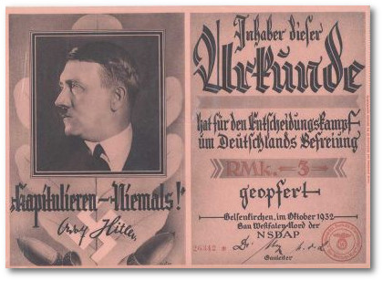 Baustein fr die Vereinigung Soziales Heim ber 3 Reichsmark.