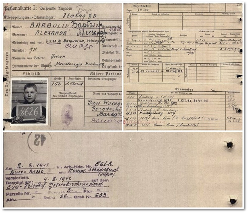 Peronalkarte Alexandr Barbolin, Zwangsarbeitender Russe, zuletzt im Arbeitskommando 561R, Buer-Resse,Ewald 3/4, gestorben am 2. August 1944, Kompl. Schädelbruch (Unfall) 