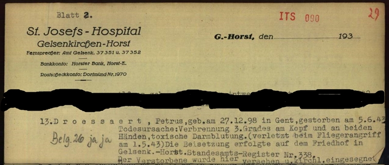 Vermerk in den Akten des St. Josef-Hospital in Gelsenkirchen-Horst zum Tod von Petrus Droessaert 