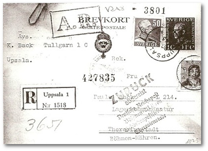 Postkarte von Klas Back an seine Mutter Theresienstadt, abgeschickt am am 26. Februar 1943