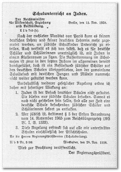 Schuluntericht an Juden, Verordnung vom 15. November 193