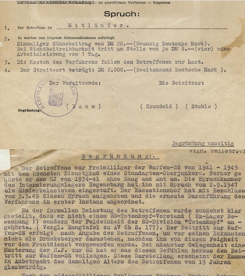 Auszug Spruchkammerverfahren gegen Sokolis von 1949