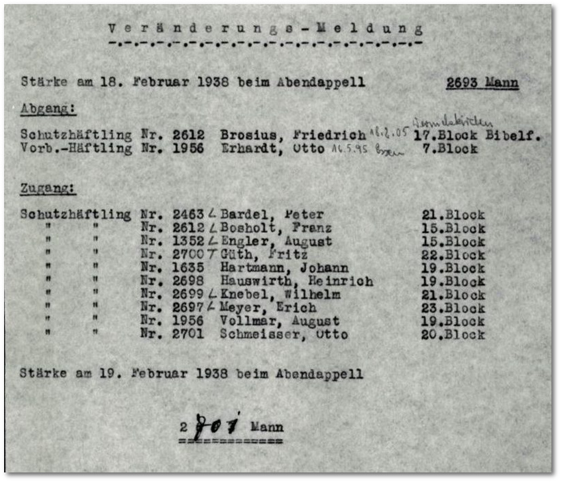Vernderungsmeldung v. 19. Februar 1938 aus dem KZ Buchenwald (Arolsen Archives)