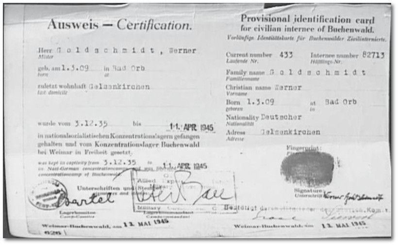 Vorlufiger Ausweis fr Buchenwalder Zivilinternierte, ausgestellt fr Werner Goldschmidt