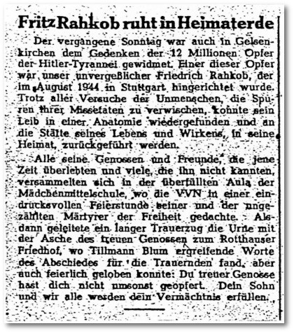 Artikel im 'Westflische Volks-Echo' ber die Urnenbeisetzung von Fritz Rahkob in Gelsenkirchen