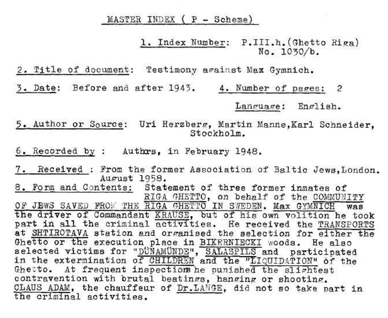 Zeugenaussagen gegen SS-Unterscharführer Max Gymnich, Ghetto Riga