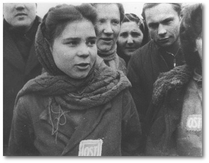 female forced workers from the Soviet union had to wear a blue, rectangular patch with the white inscription OST (=East)